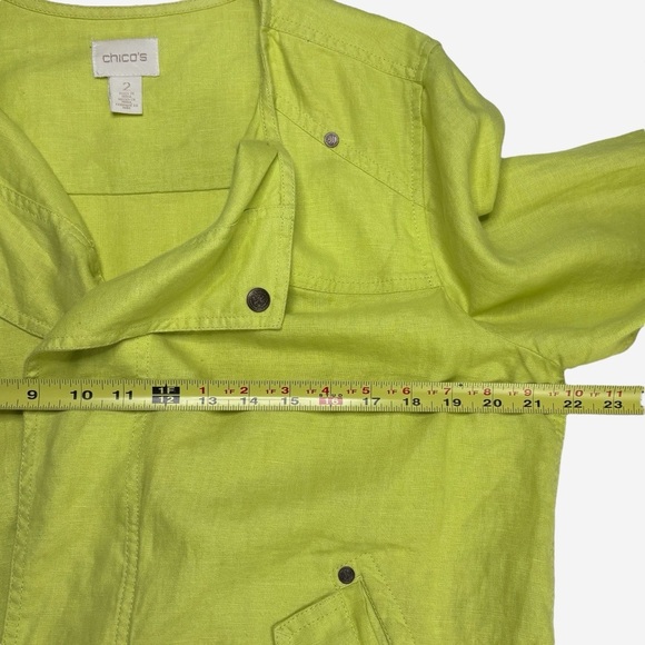 Chicos Easy Linen Jacket Chartreuse Green Open Drape Front Roll Tab Sleeve - Picture 7 of 12